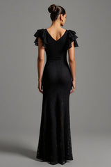 Black Lace Mermaid Boat Neck Long Formal Dress with Ruffles
