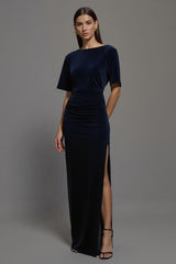Navy Velvet Bateau Neck Sheath Long Formal Dress with Sleeves