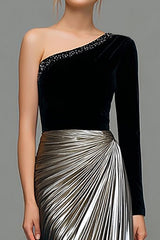 Sparkly Black and Grey Metallic One Shoulder Long Holiday Party Dress