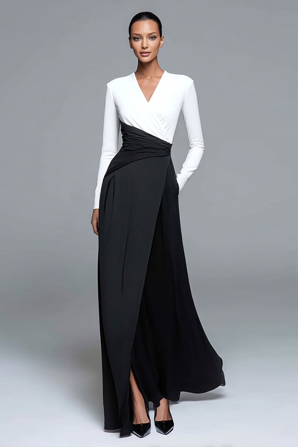 Black and White Patchwork Long Formal Dress with Pockets