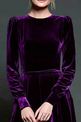 Simple Dark Purple Velvet A Line Long Holiday Party Dress with Sleeves