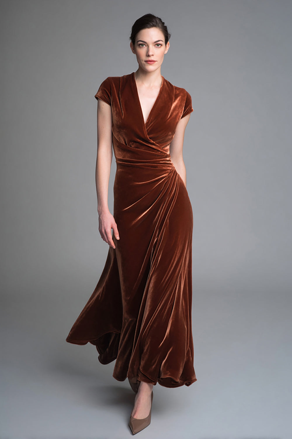 Caramel Velvet V-Neck Ruched Long Holiday Party Dress with Sleeves