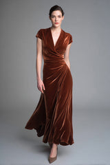 Caramel Velvet V-Neck Ruched Long Holiday Party Dress with Sleeves