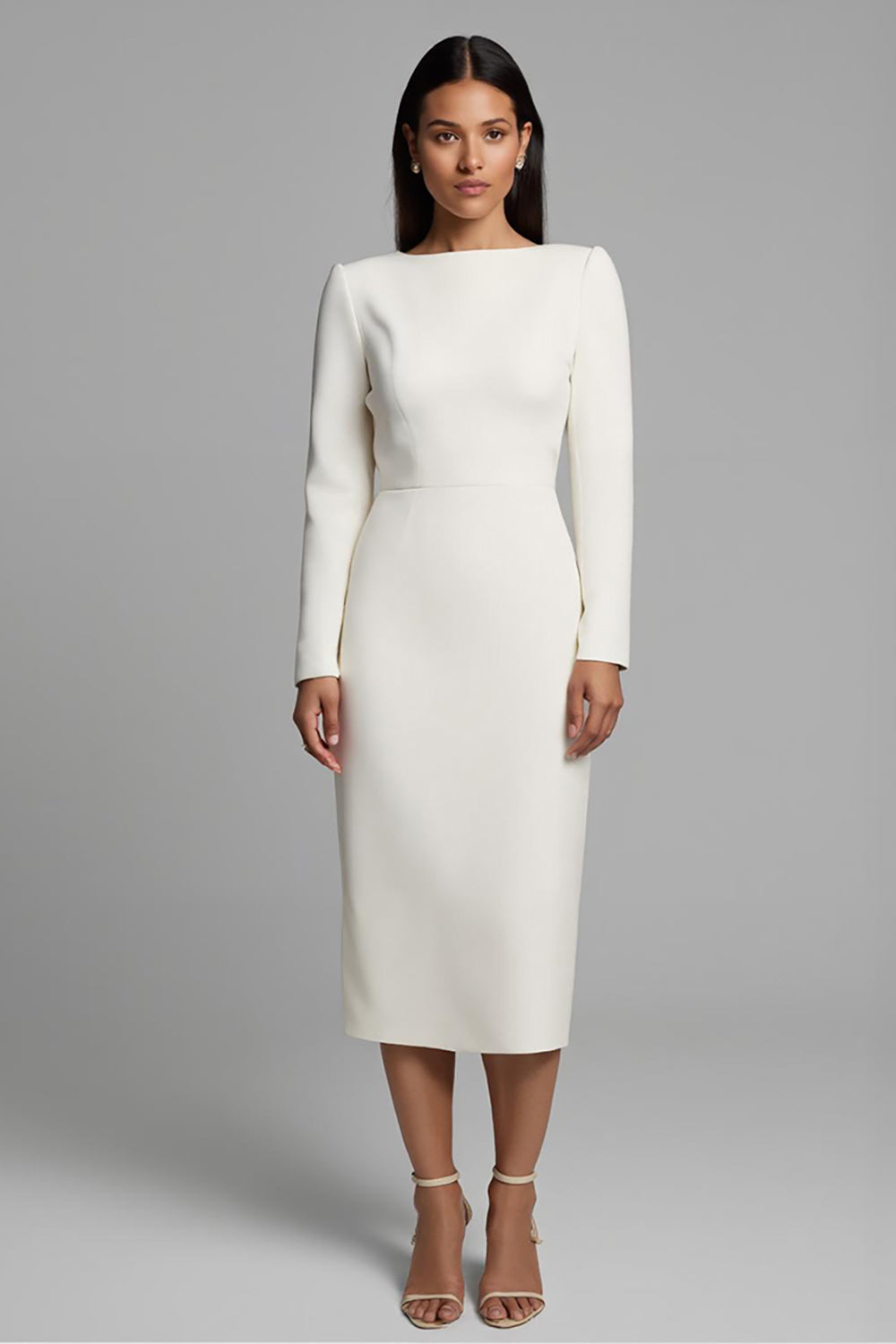 Simple Ivory Pencil Bateau Neck Midi Work Dress with Sleeves