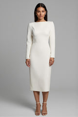 Simple Ivory Pencil Bateau Neck Midi Work Dress with Sleeves