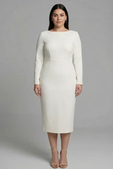 Simple Ivory Pencil Bateau Neck Midi Work Dress with Sleeves