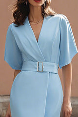 Sky Blue Satin Sheath Short Sleeves Midi Work Dress with Belts