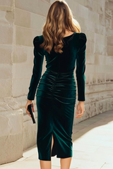 Dark Green Velvet Bodycon Boat Neck Midi Holiday Party Dress