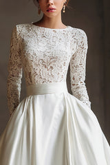 Ivory Boat Neck Sweep Train Long Sleeves Wedding Dress with Lace
