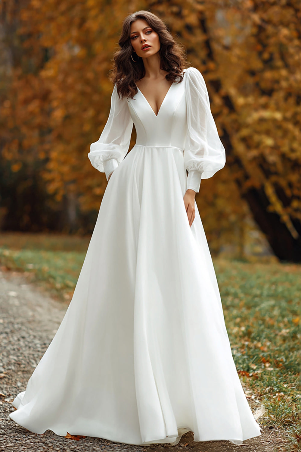 Ivory V-Neck Long Sleeves A Line Sweep Train Wedding Dress