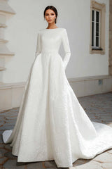 Ivory Jacquard Ball Gown Sweep Train Wedding Dress with Sleeves