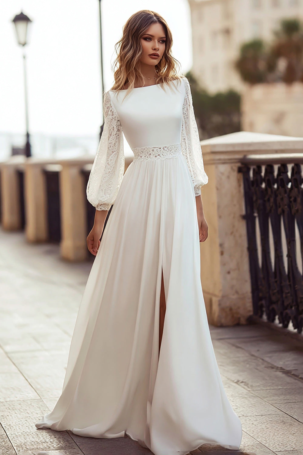Ivory Bateau Neck Long Sleeves A Line Sweep Train Wedding Dress with Lace