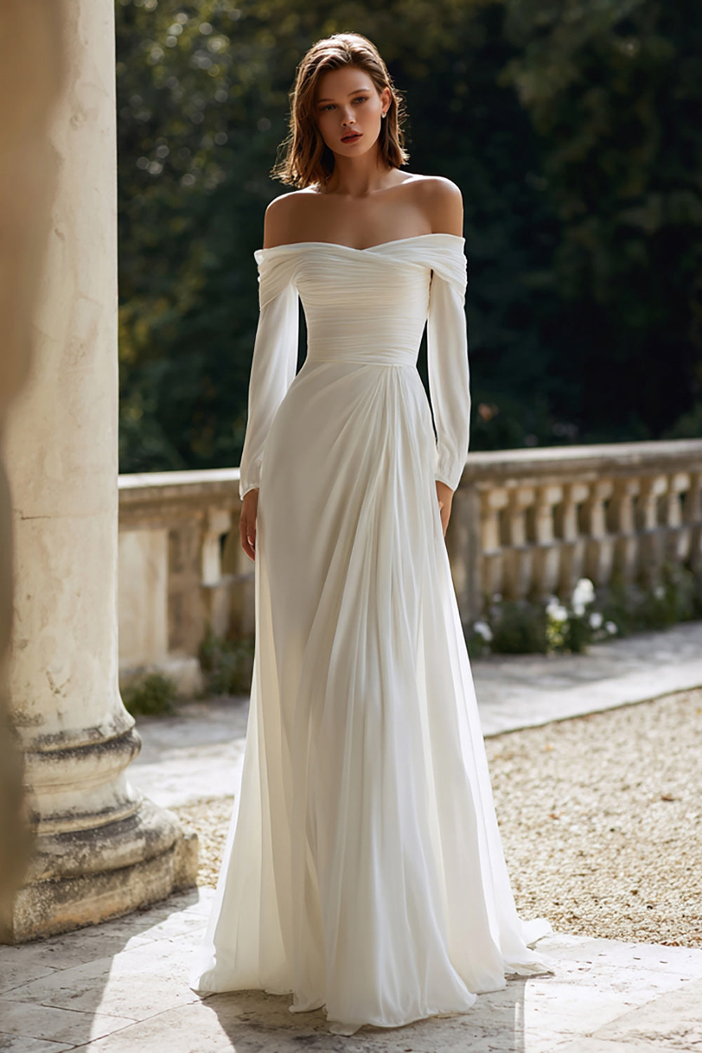 Ivory Off the Shoulder Sheath Sweep Train Wedding Dress with Sleeves