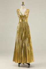 Sparkly Gold Metallic Pleated V-Neck A-Line Long Formal Dress