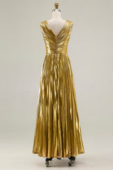 Sparkly Gold Metallic Pleated V-Neck A-Line Long Formal Dress