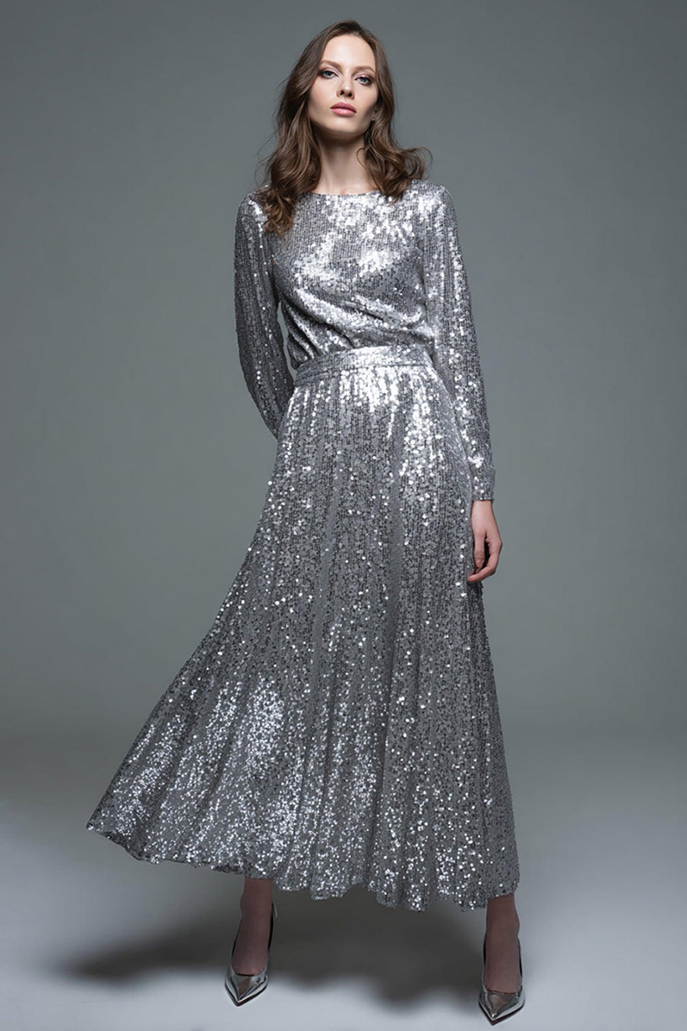Sparkly Silver Sequin Long Formal Dress with Sleeves