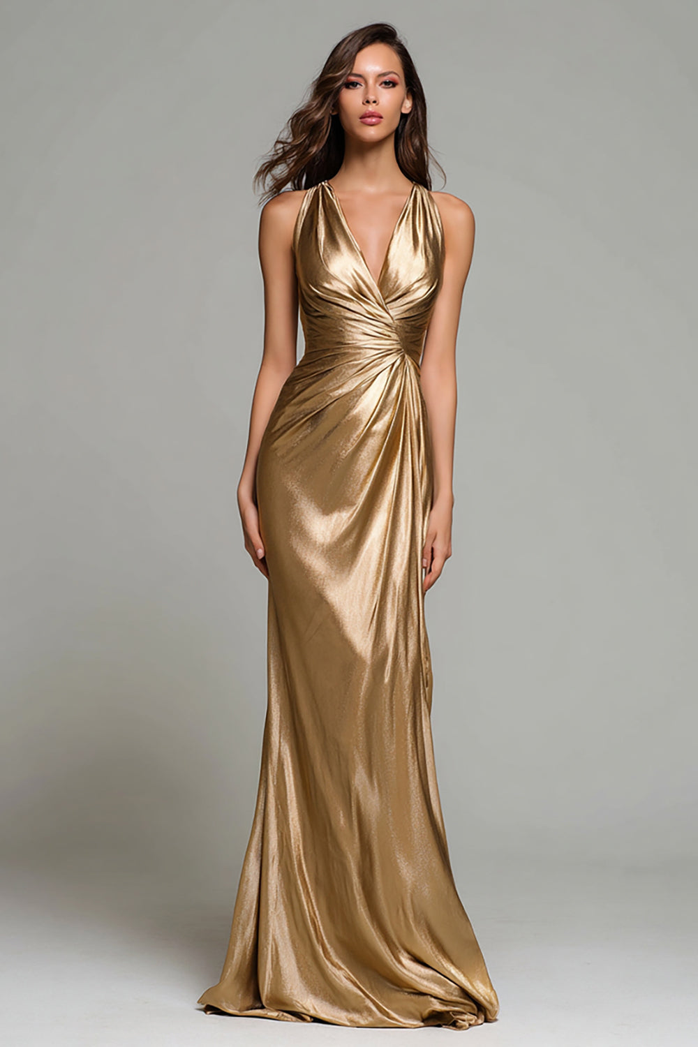Sparkly Gold Metallic Ruched V-Neck Mermaid Long Formal Dress