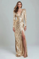 Sparkly Gold V-Neck Sequin Sheath Long Formal Dress with Slit