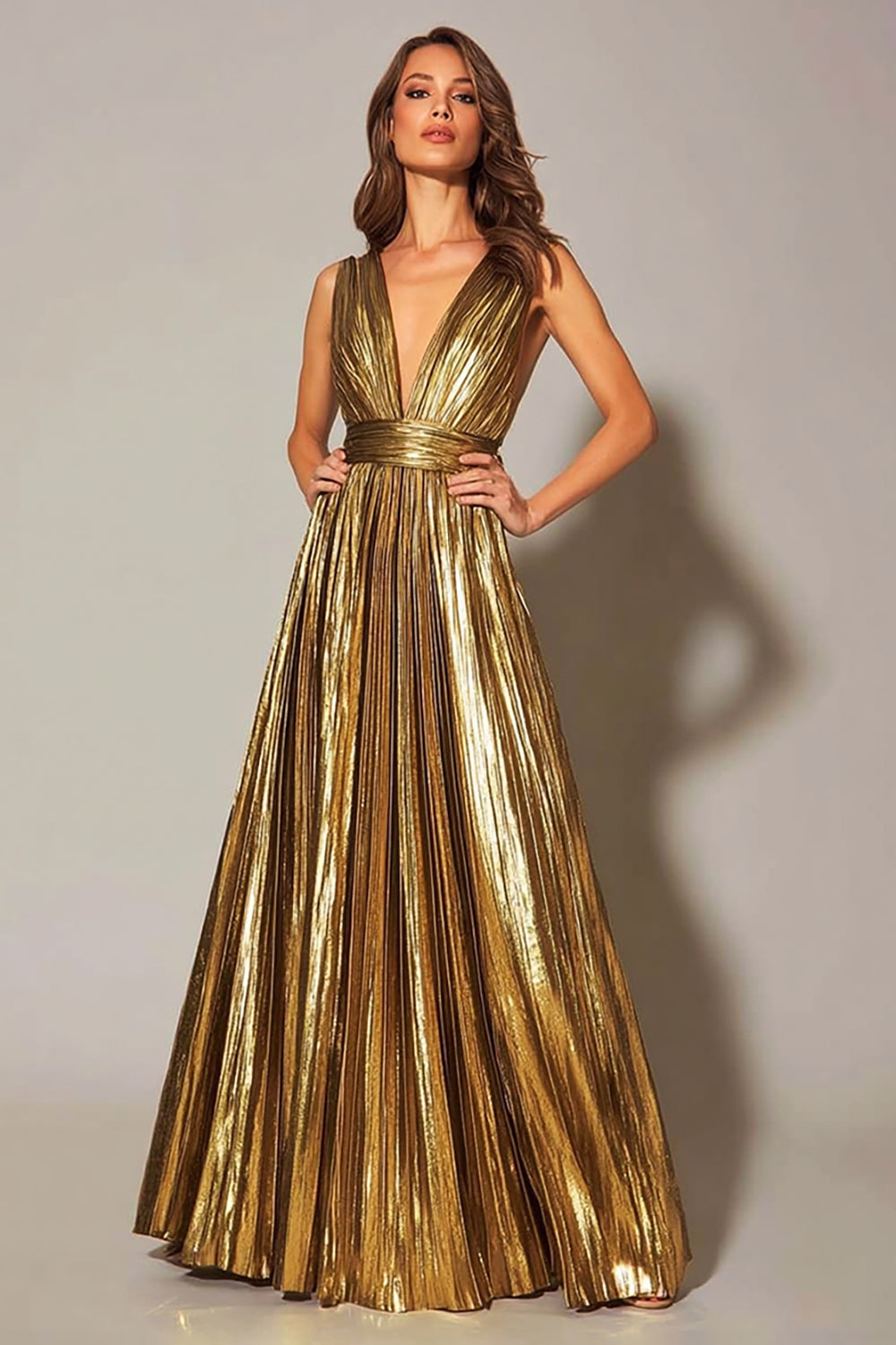 Sparkly Gold Metallic Pleated A-Line V-Neck Long Formal Dress