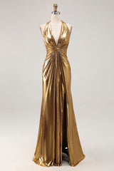 Sparkly Gold Halter Metallic Ruched Long Formal Dress with Slit