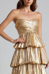 Sparkly Gold Sweetheart Metallic Pleated Ruffled Long Formal Dress
