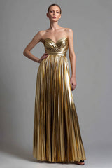 Sparkly Gold Metallic Pleated Sweetheart A-Line Long Formal Dress