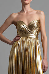 Sparkly Gold Metallic Pleated Sweetheart A-Line Long Formal Dress