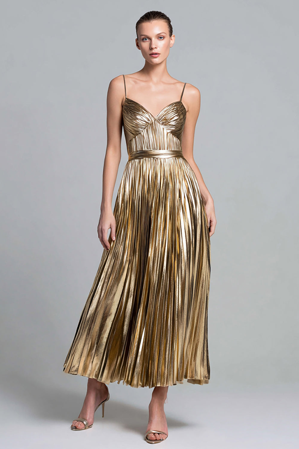 Sparkly Gold Spaghetti Straps Metallic Pleated A-Line Long Formal Dress