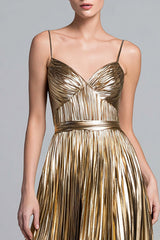 Sparkly Gold Spaghetti Straps Metallic Pleated A-Line Long Formal Dress