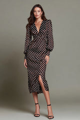 Dark Brown Chiffon V-Neck Pencil Polka Dots Dress with Slit