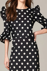 Black and White Round Neck Chiffon Maxi Polka Dots Dress with Ruffles