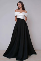 Black and White Off the Shoulder A Line Long Formal Dress