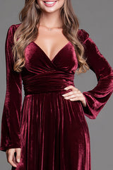 Burgundy Velvet V-Neck A-Line Long Sleeves Holiday Party Dress