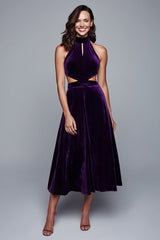 Plum Halter Velvet Cut-Out A-Line Tea Length Holiday Party Dress