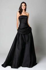 Black Strapless A-Line Satin Ruched Long Formal Dress