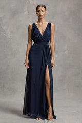 Navy Deep V-Neck Chiffon Sheath Long Formal Dress with Slit