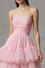 Pink Strapless A-Line Tulle Ruffled Long Pageant Dress