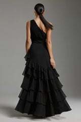 Black One Shoulder A-Line Chiffon Ruffled Long Formal Dress with Slit