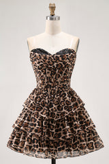 Brown Leopard Corset Sweetheart Short Tiered Homecoming Dress