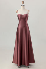 Coffee Satin A Line Corset Lace Up Back Long Bridesmaid Dress