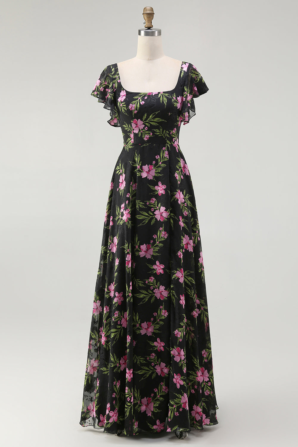 Black Pink Floral Chiffon Long Bridesmaid Dress with Sleeves