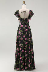 Black Pink Floral Chiffon Long Bridesmaid Dress with Sleeves