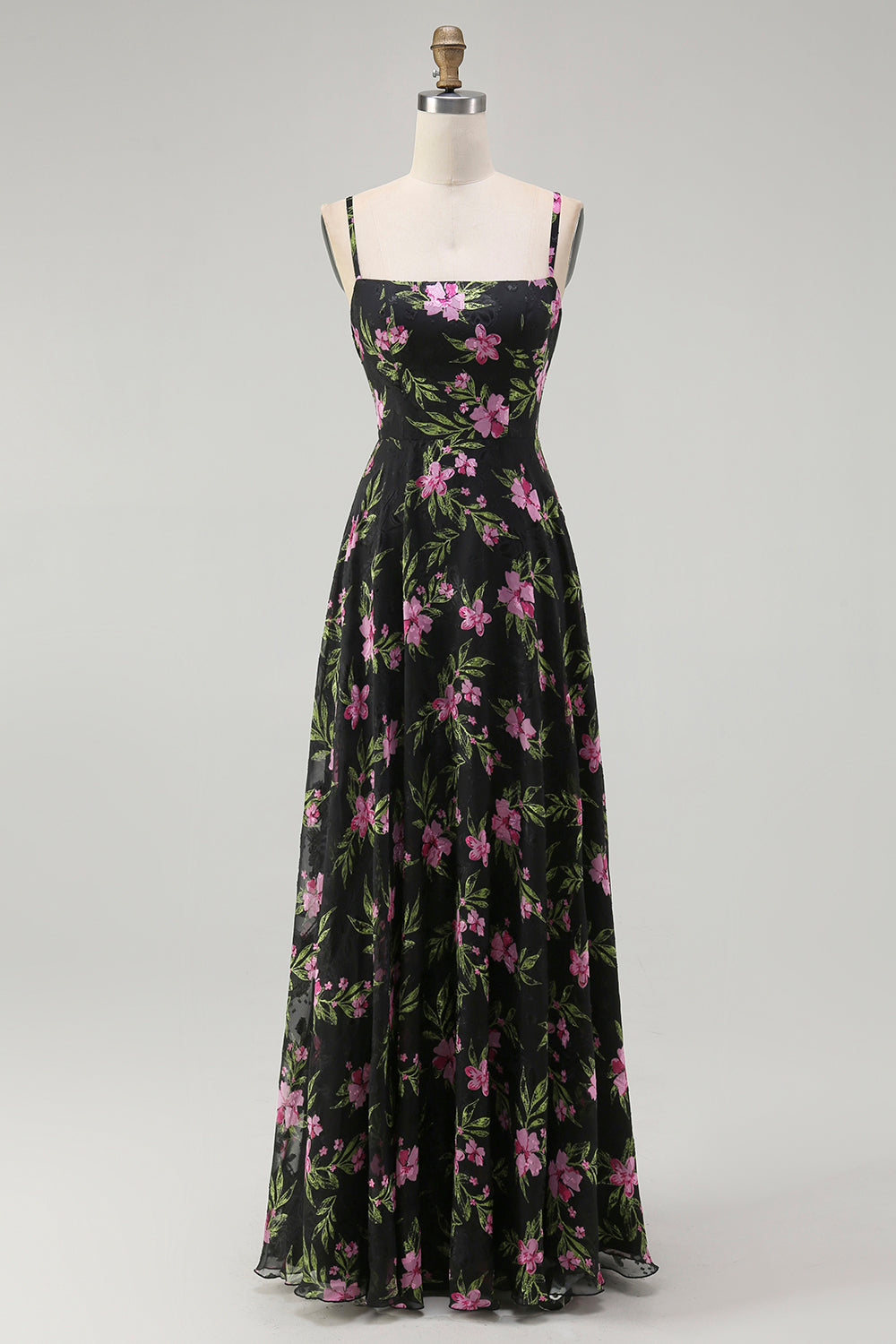 Black Pink Floral Chiffon Spaghetti Straps Long Bridesmaid Dress