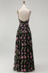 Black Pink Floral Chiffon Spaghetti Straps Long Bridesmaid Dress