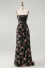 Black Pink Corset Floral Chiffon Long Bridesmaid Dress with Side Cape