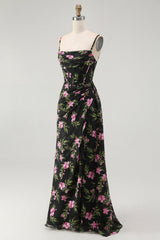 Black Pink Corset Floral Chiffon Long Bridesmaid Dress with Side Cape