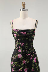 Black Pink Corset Floral Chiffon Long Bridesmaid Dress with Side Cape