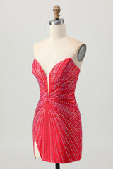 Sparkly Red Tight Beaded Short Homecoming Dress with Slit