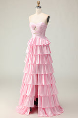 Sparkly Pink Ruffled Strapless Long Prom Dress with Keyhole
