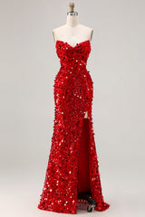 Sparkly Red Beaded Mermaid Long Corset Prom Dress with Slit